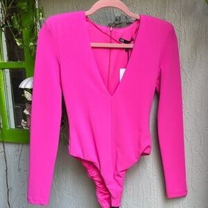 Zara Bright Pink V-Neck Long Sleeve Bodysuit